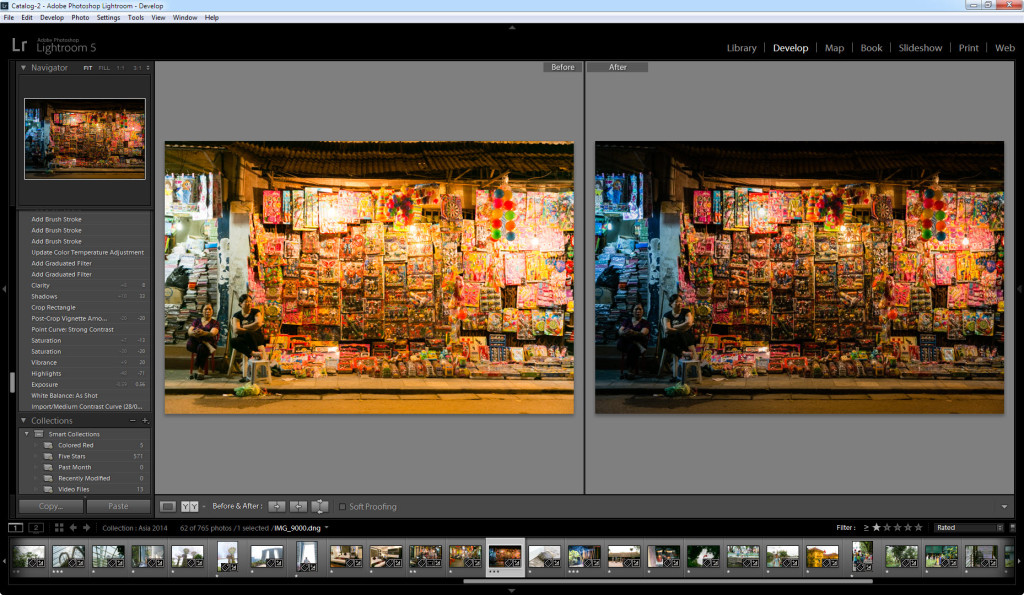 Example of post processing using exposure, temperature and vibrance adjustments