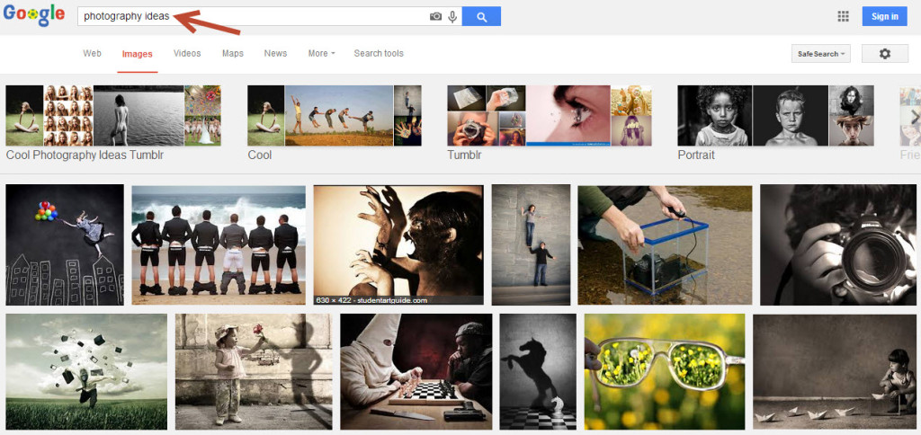 Typing "photography ideas" into google images gives you nicely categorised ideas for your next photography project!