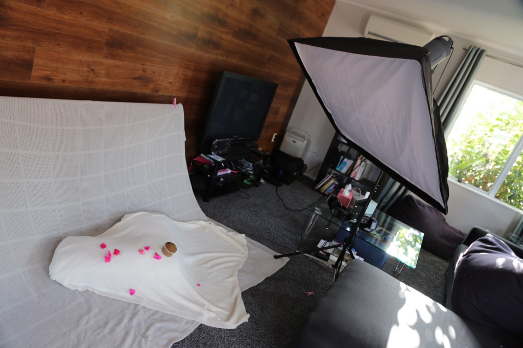 Lighting Setup for Baby and Cupcake - Visico strobe with 80x60cm soft box from diagonal above as key light